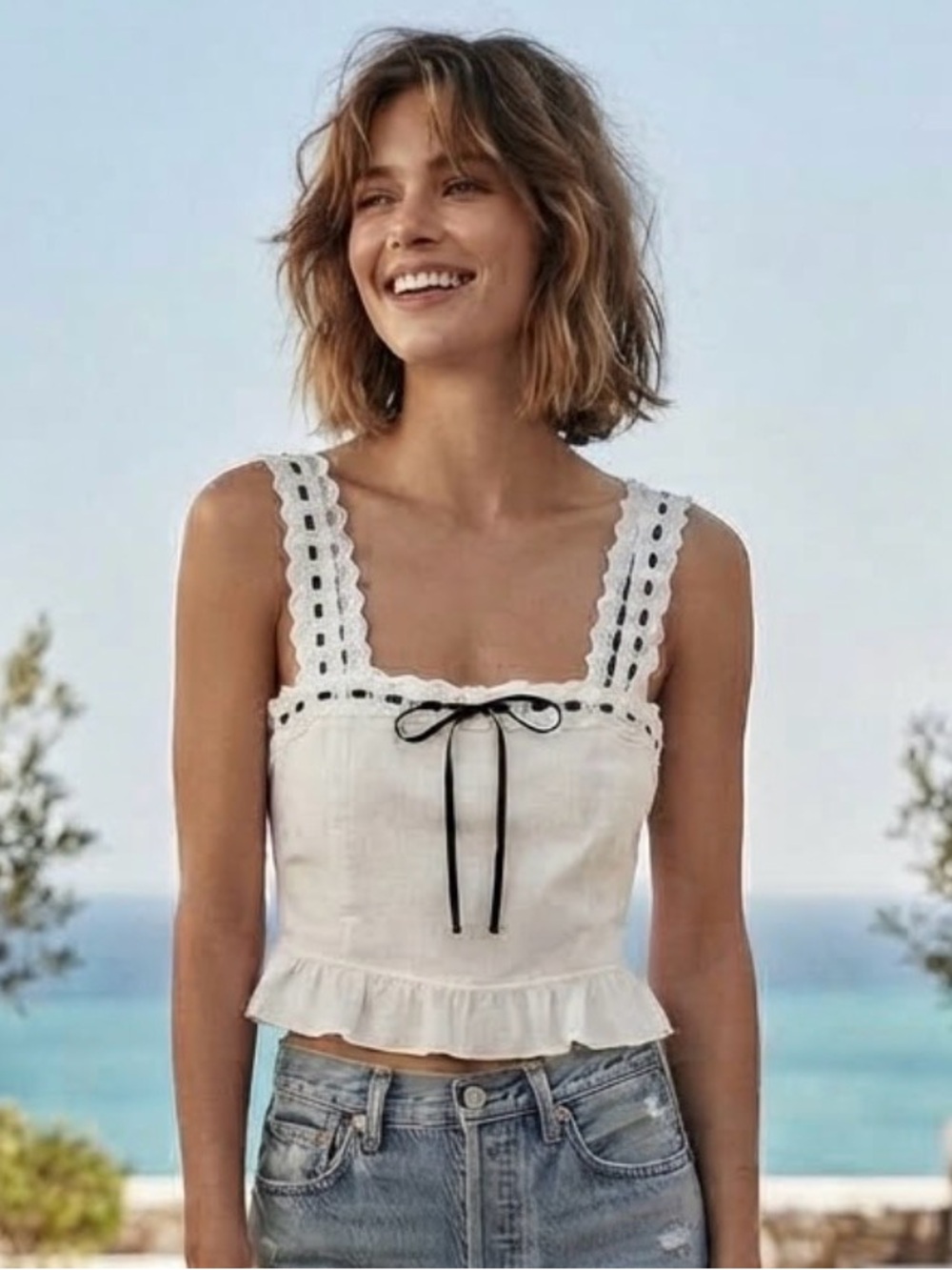 White Lace-Trim Cropped Peplum Tank Top with Black Bow